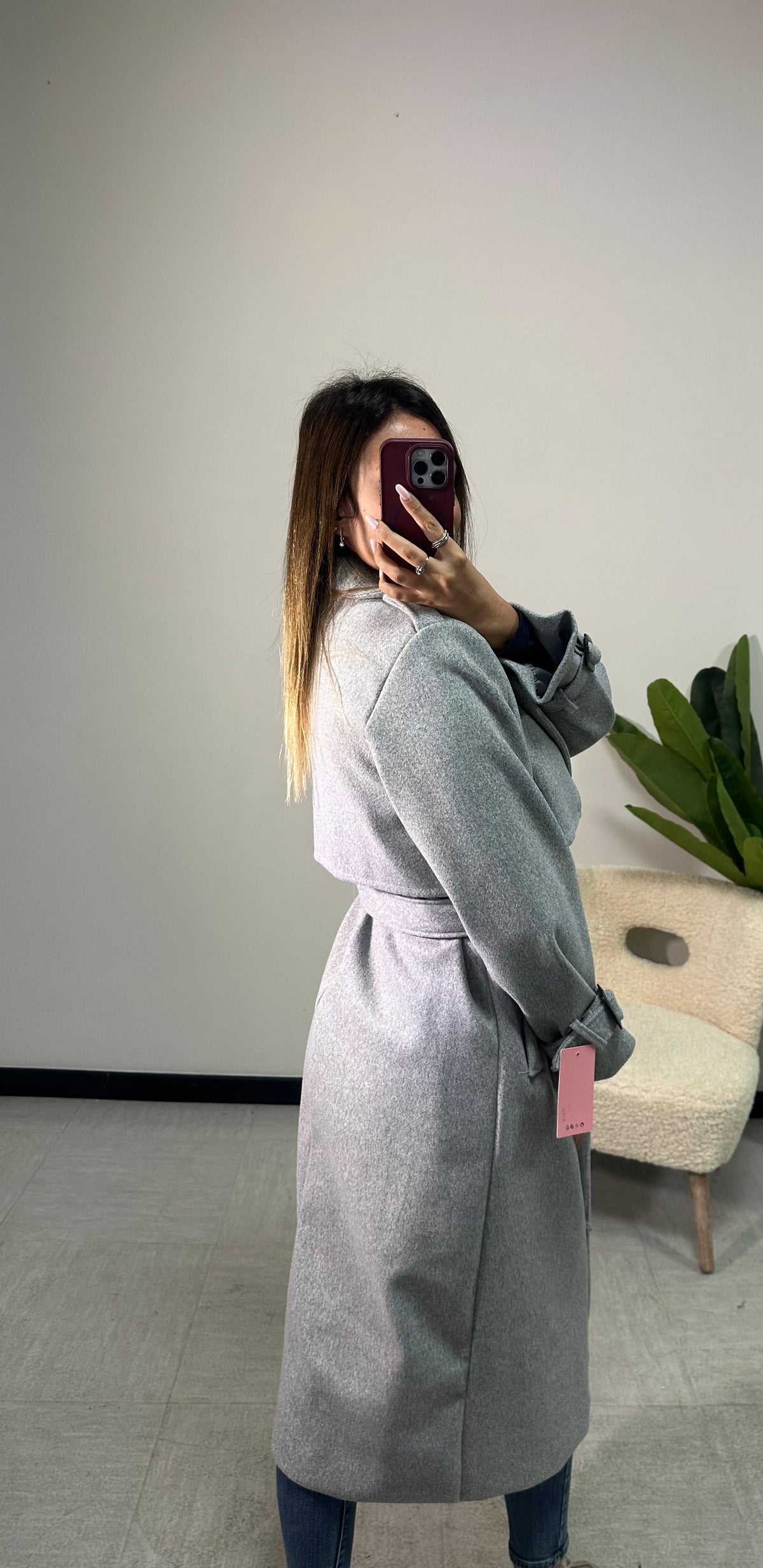 Cappotto lungo grigio con cintura
