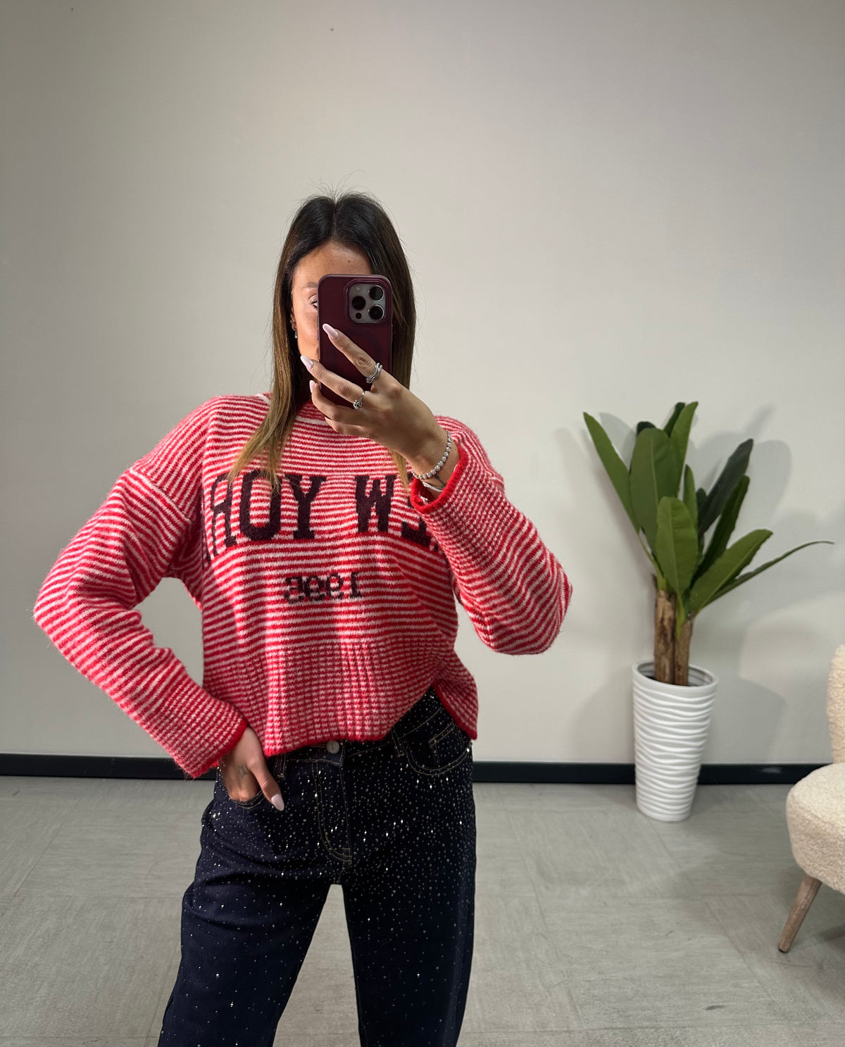 Maglione Oversize a Righe con Scritta