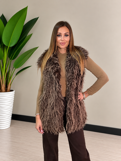 Gilet lungo in ecopelliccia effetto Mongolia marrone