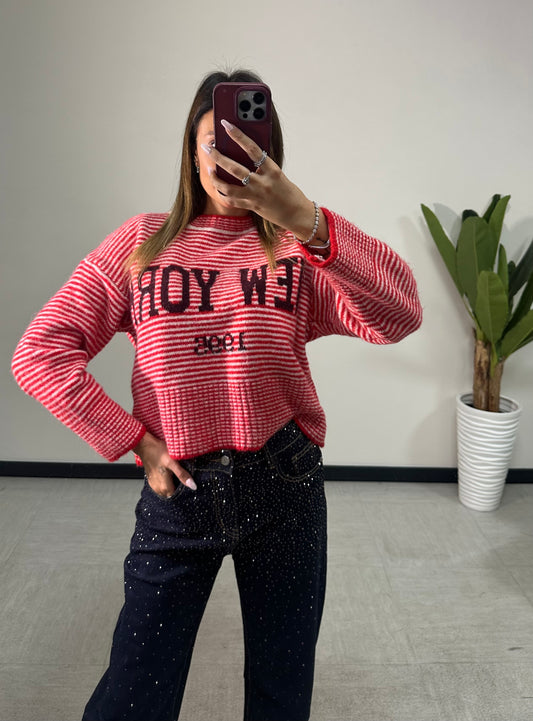 Maglione Oversize a Righe con Scritta